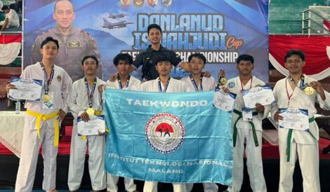 Kontingen Taekwondo ITN Malang berlaga di Kejuaraan Taekwondo “Danlanud Iswahjudi Cup Taekwondo Championship 2025” Madiun. (Foto: Istimewa)